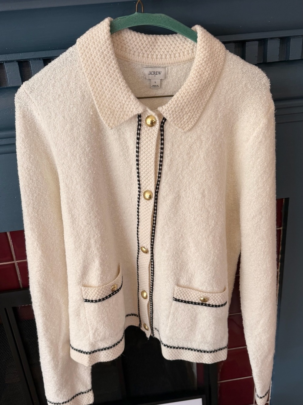 NWT J. Crew Cream Bouclé Jacket with Black Trim and Gold Buttons